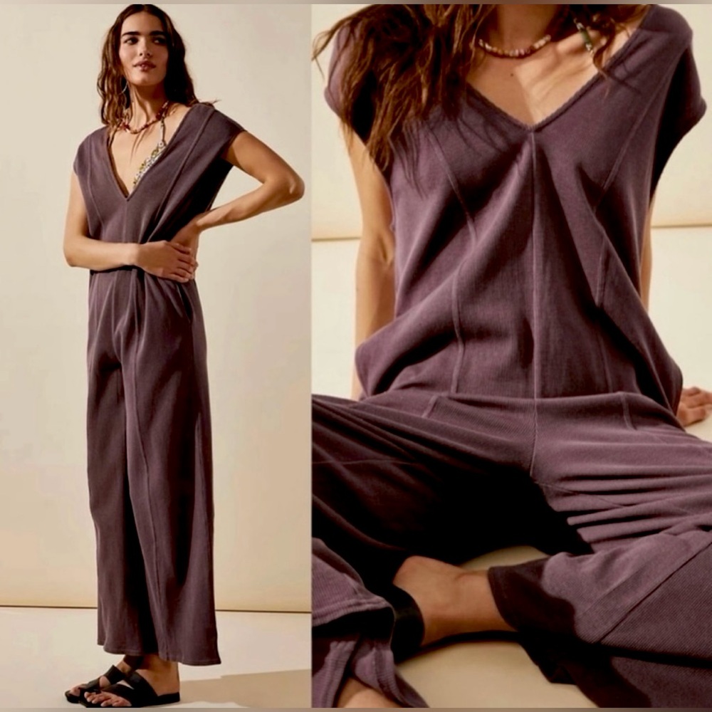 Free People Purple V-Neck Wide-Leg Jumpsuit